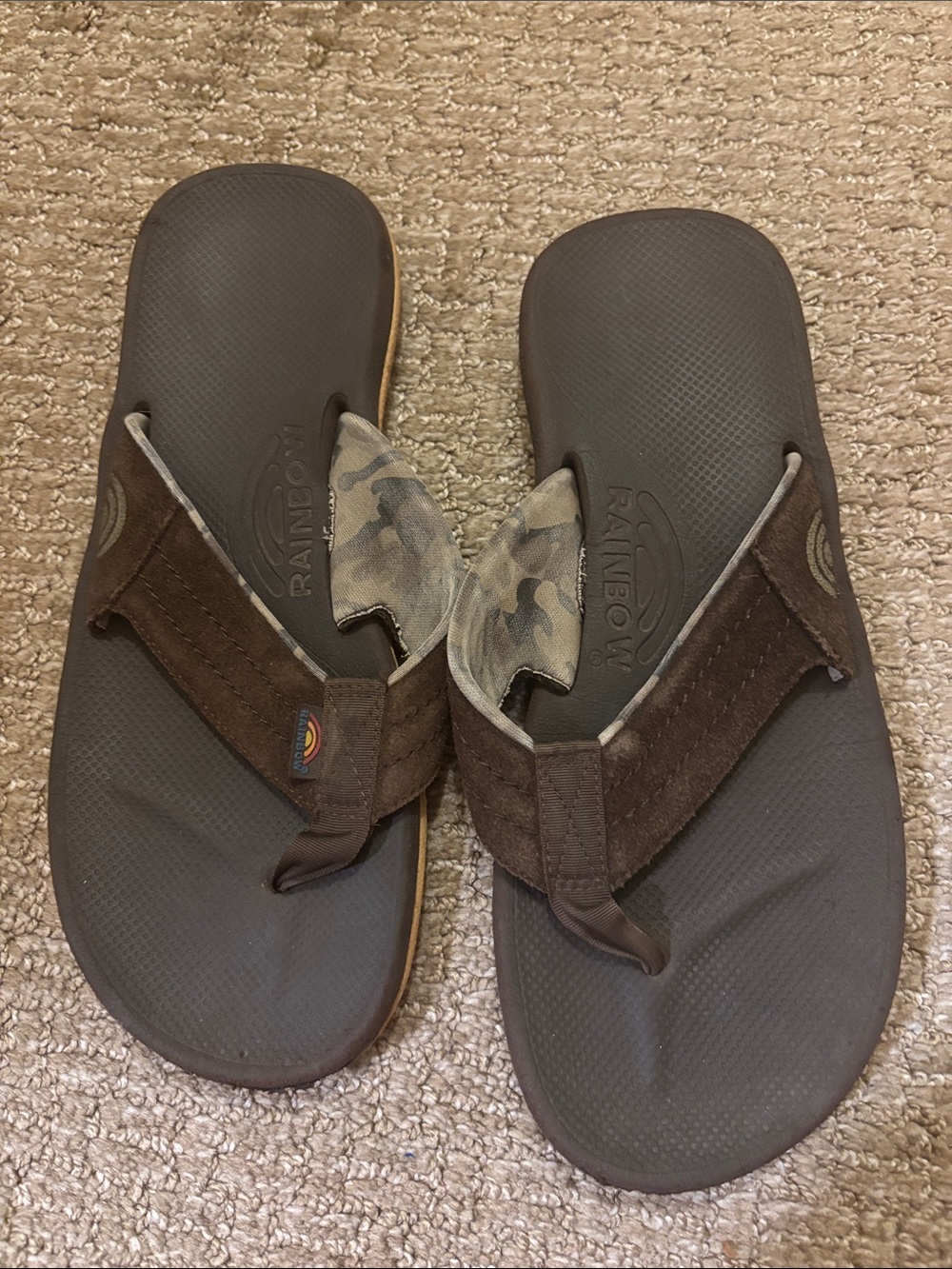 Rainbow Sandals Boys Size 9 Brown Leather Thong Flip Flops Camo Strap
